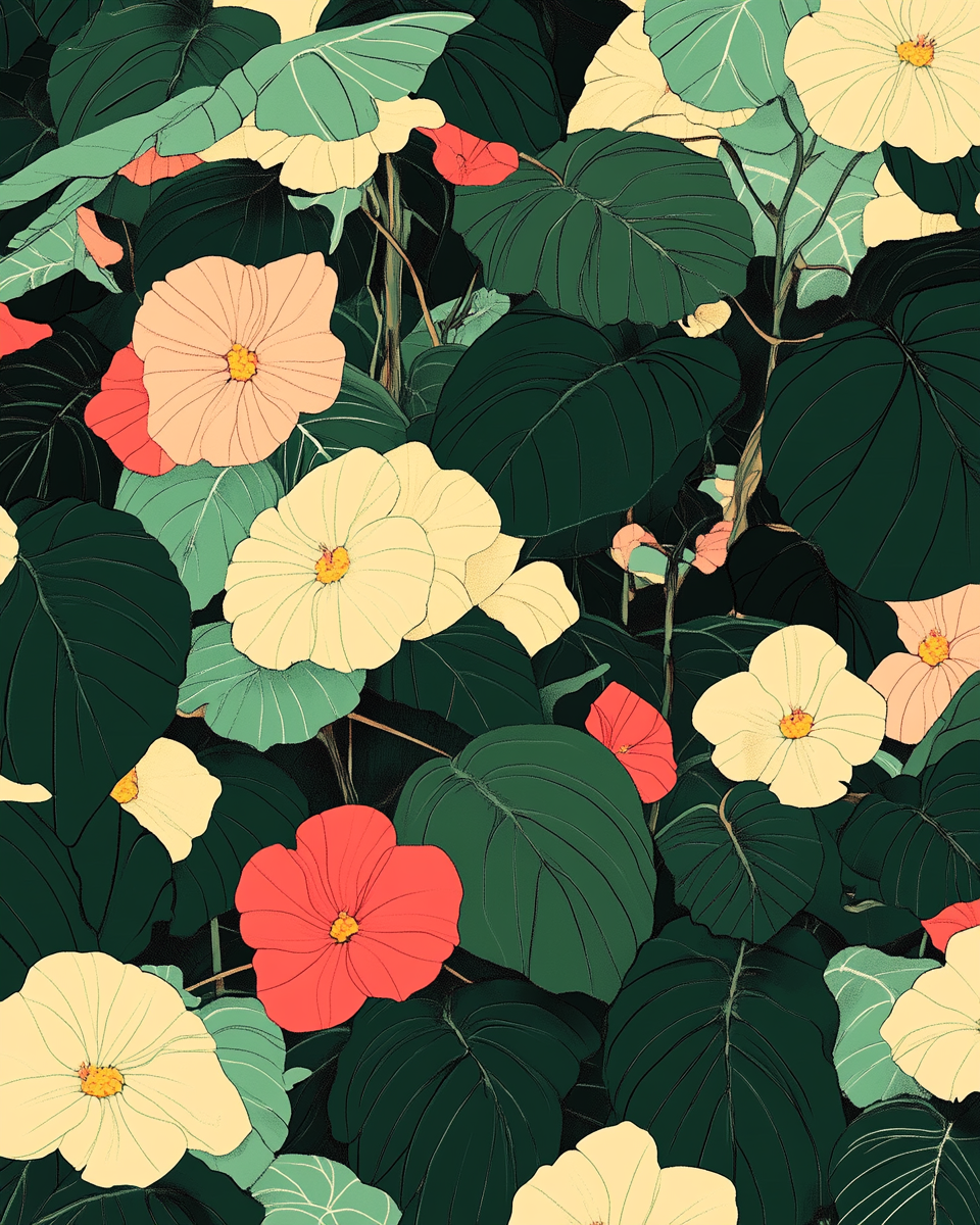 Illustrated cream and coral flowers with dark green leaves