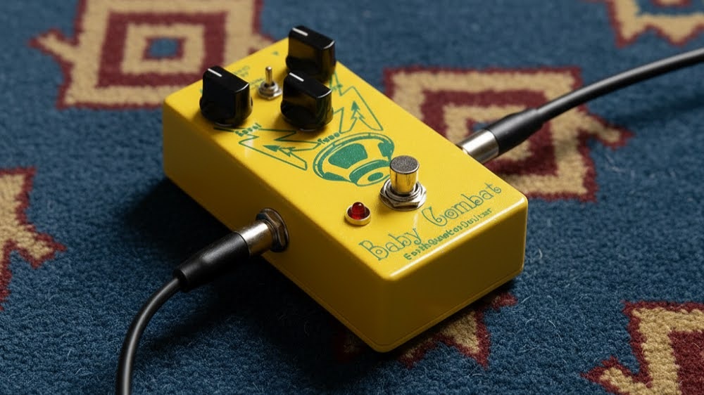 A yellow Baby Combat effects pedal on a patterned rug